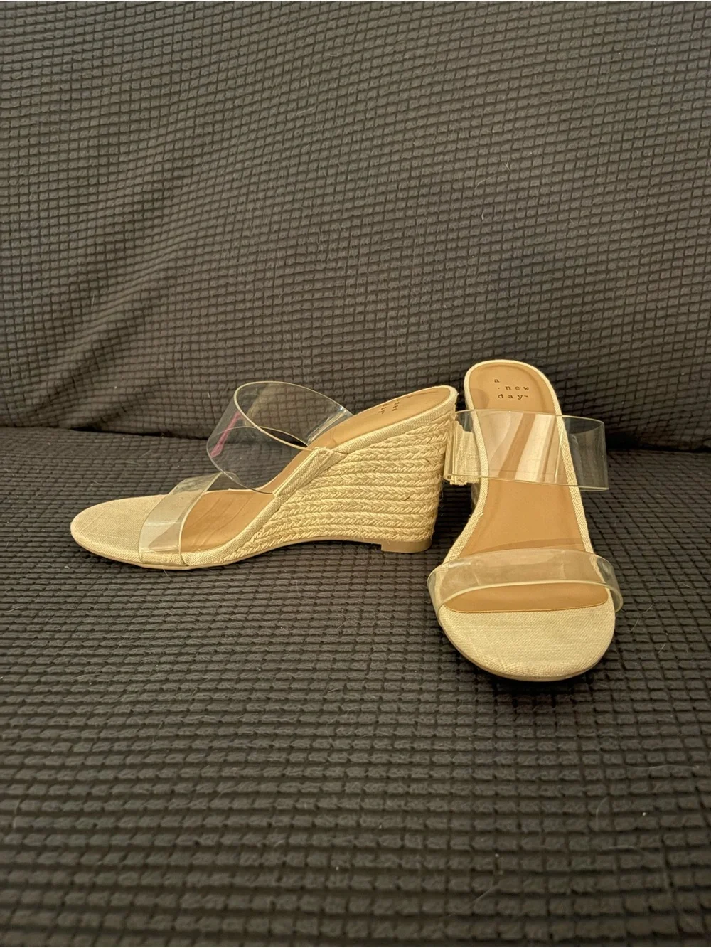 Clear Double-Strap Wedge Sandals in Beige